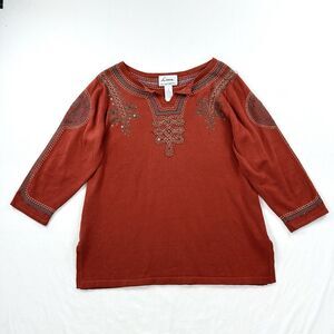 Linea by Louis Dell'Olio Embroidered Top Womens Medium Orange Brown Sequin Boho